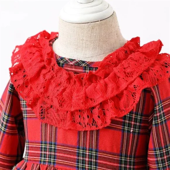 Christmas Girls Red Plaid Long Sleeve Ruffle Dress - Picture 2 of 6